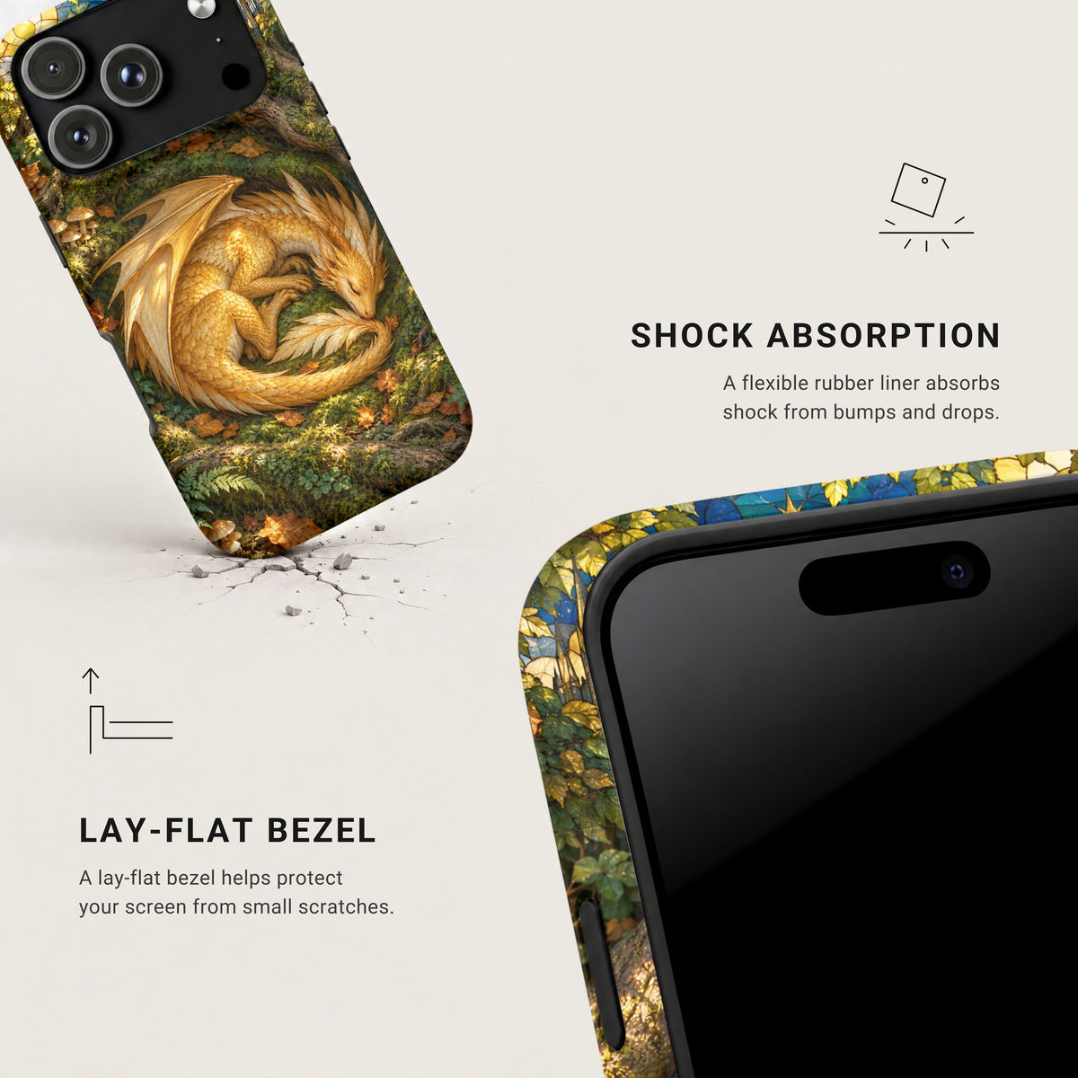 Two views of a black phone case featuring a golden dragon curled in a forest.