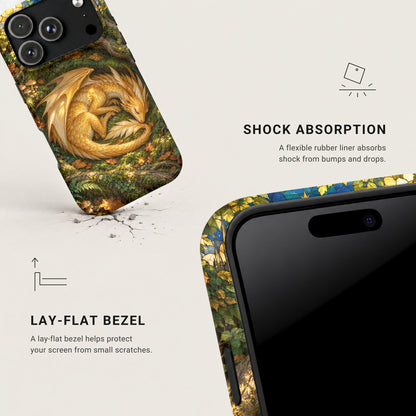 Two views of a black phone case featuring a golden dragon curled in a forest.