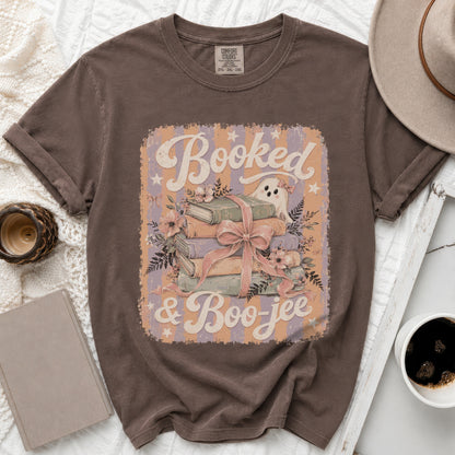 Brown t-shirt with "Booked & Boo-jee" design featuring books, flowers, and a ghost.