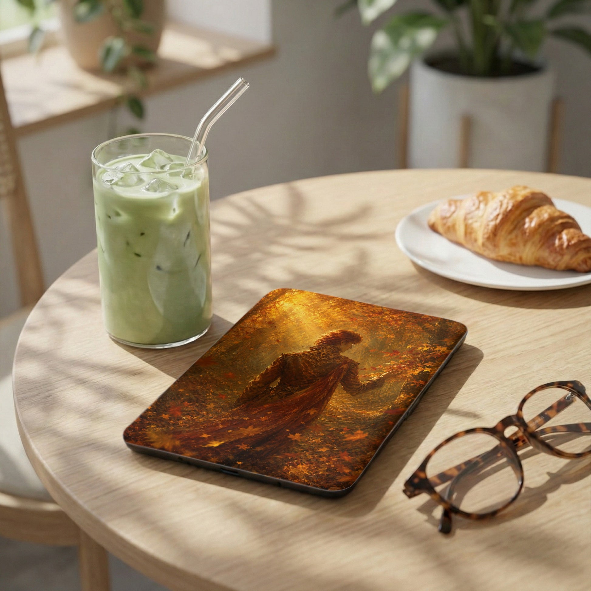 Tablet case with autumn-themed art, featuring a person in a cloak amongst fallen leaves.