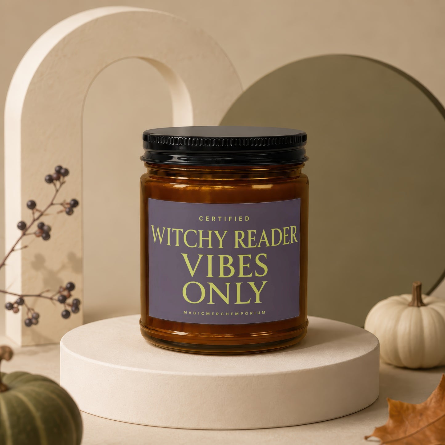 Amber jar candle with black lid, text "Certified Witchy Reader Vibes Only."