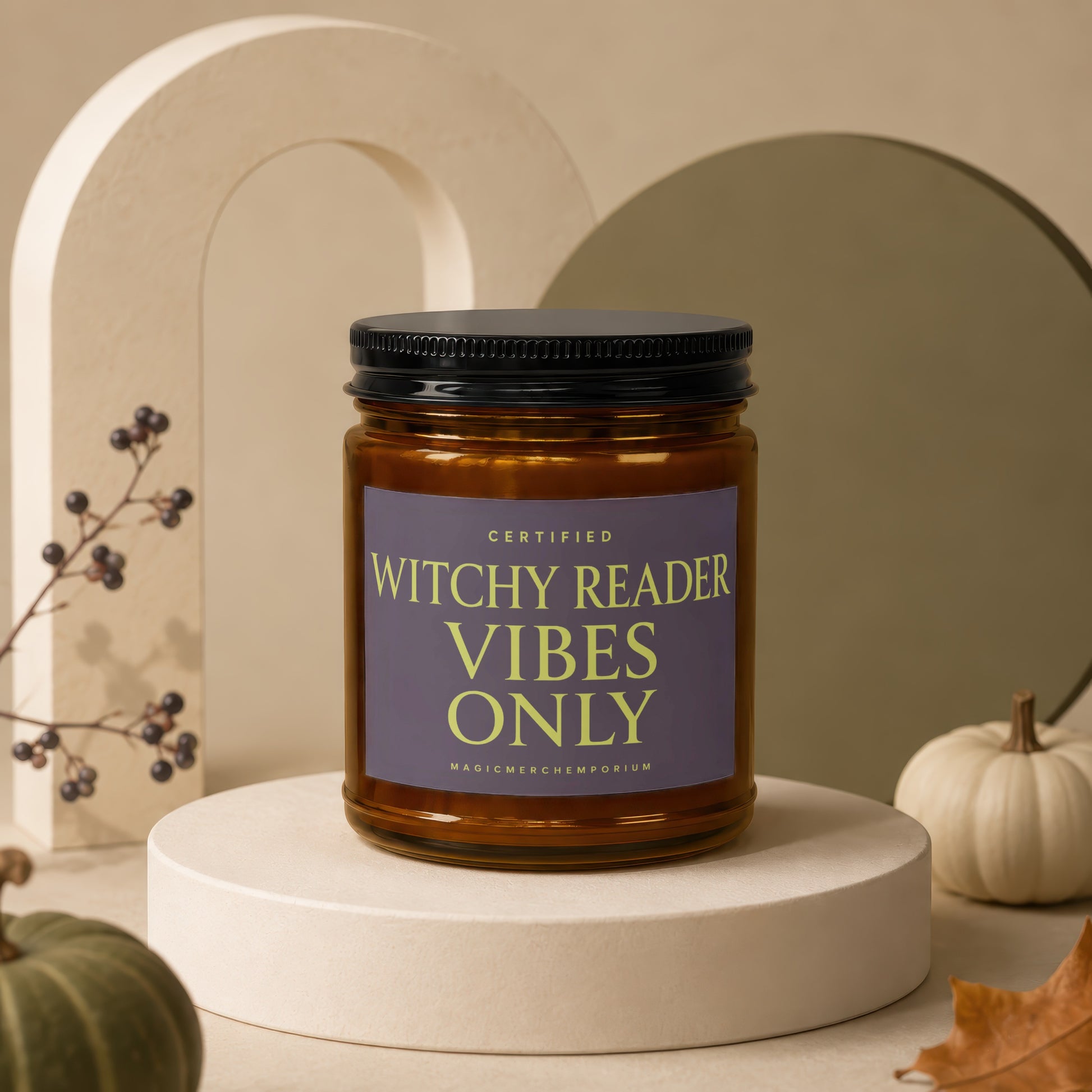 Amber jar candle with black lid, text "Certified Witchy Reader Vibes Only."