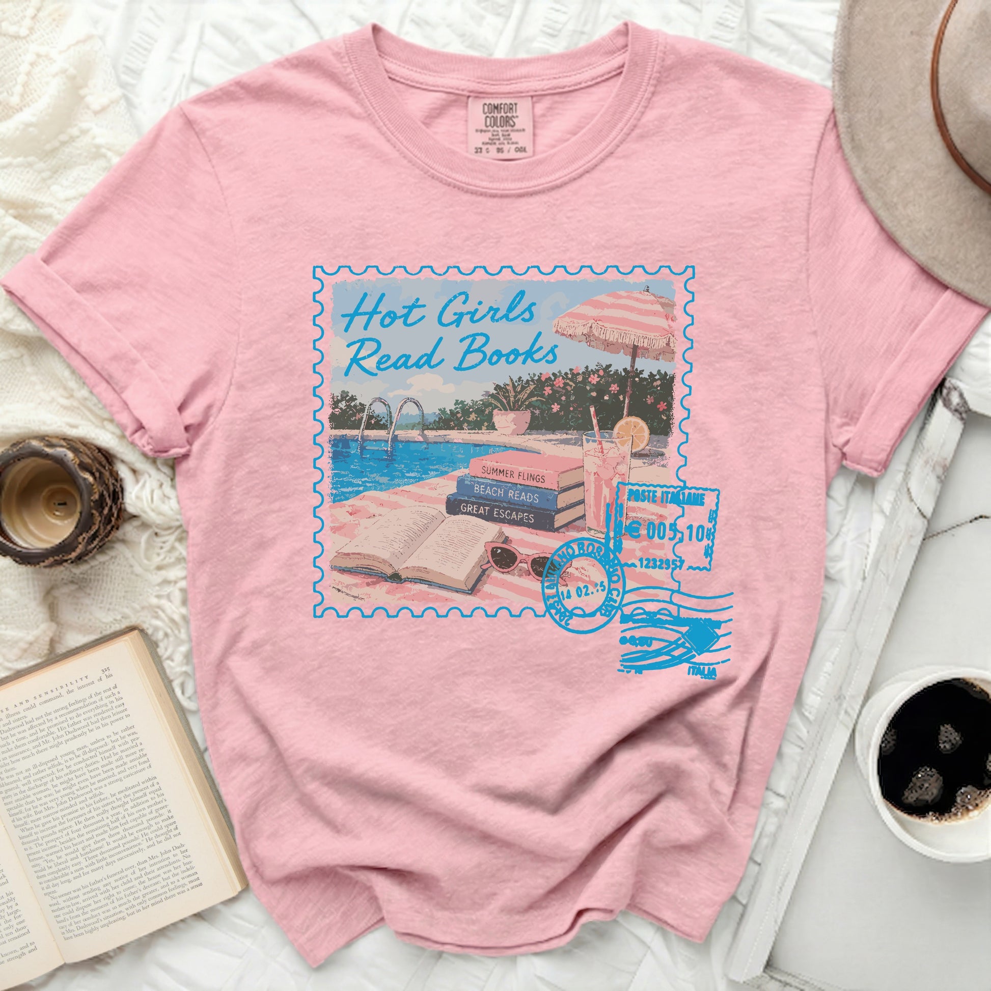 Pink t-shirt with "Hot Girls Read Books" stamp design.