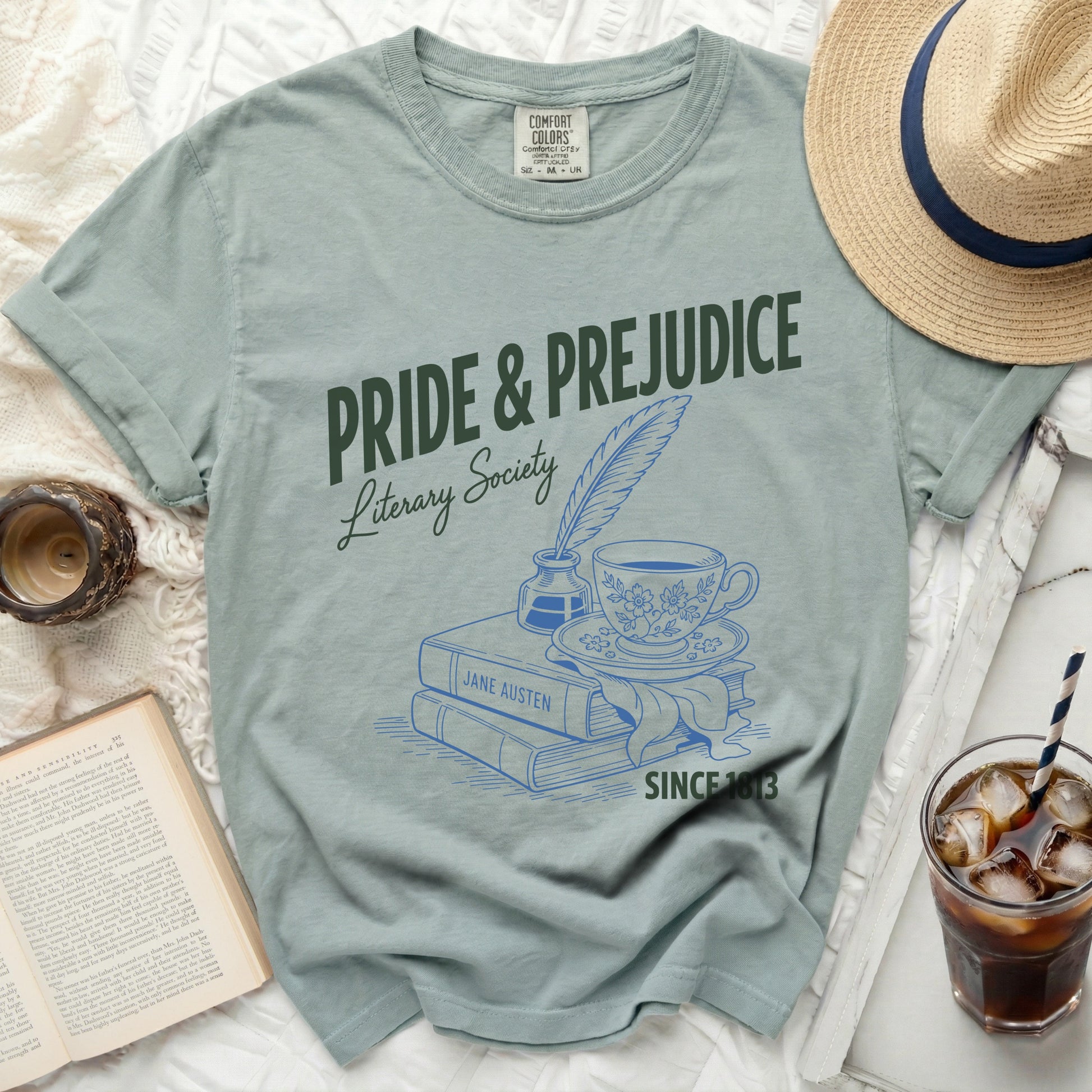Pride & Prejudice Literary Society t-shirt with book stack, quill, and teacup design.