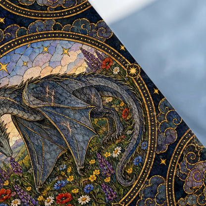 A detailed stained glass illustration featuring a blue dragon resting in a colorful meadow under a starry sky.