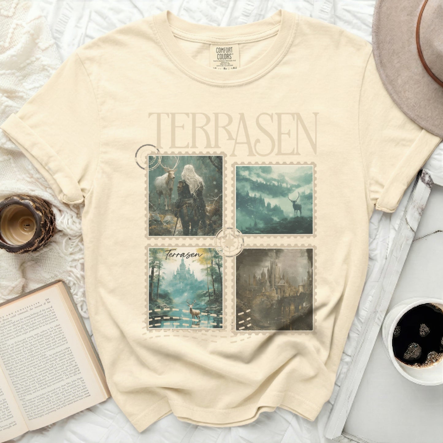 Comfort Colors t-shirt with four fantasy landscape vignettes and "Terrasen" text.