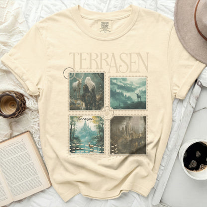 Comfort Colors t-shirt with four fantasy landscape vignettes and "Terrasen" text.