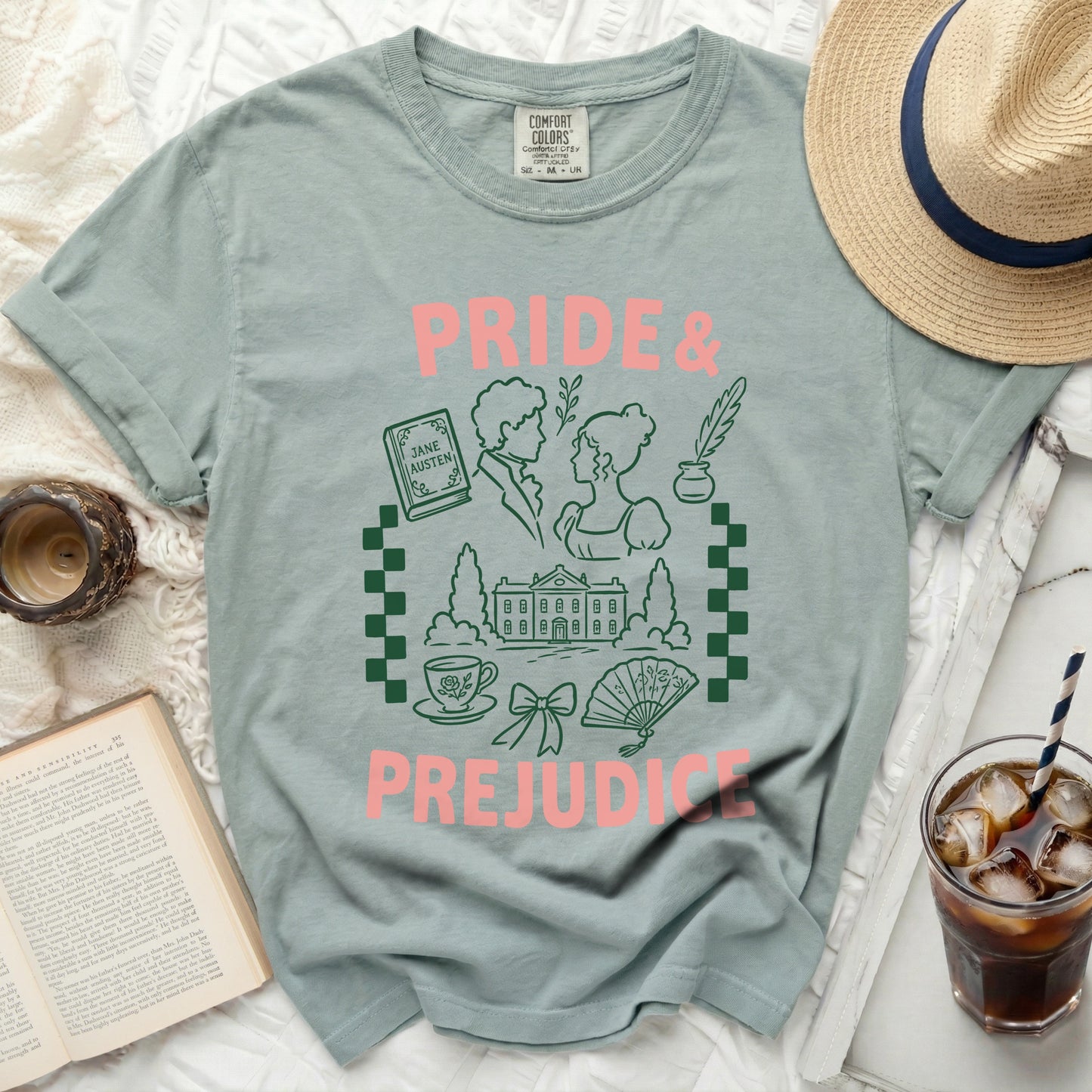 Green t-shirt with "Pride & Prejudice" title and Jane Austen illustrations.