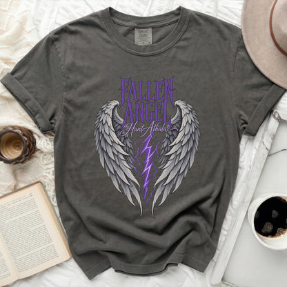 Gray t-shirt with "FALLEN ANGEL Hunt Athalar" text and angel wings graphic.