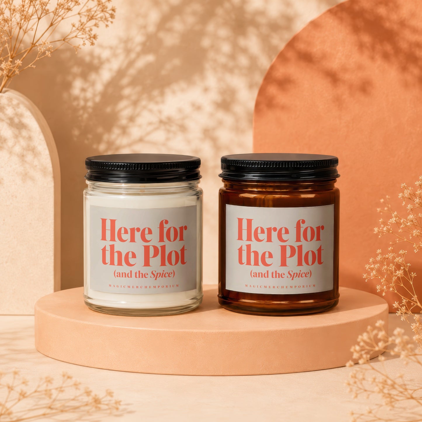 Two candles with "Here for the Plot (and the Spice)" text.