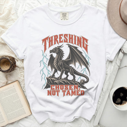 White t-shirt with a black dragon and lightning, text reads THRESHING CHOSEN, NOT TAMED.
