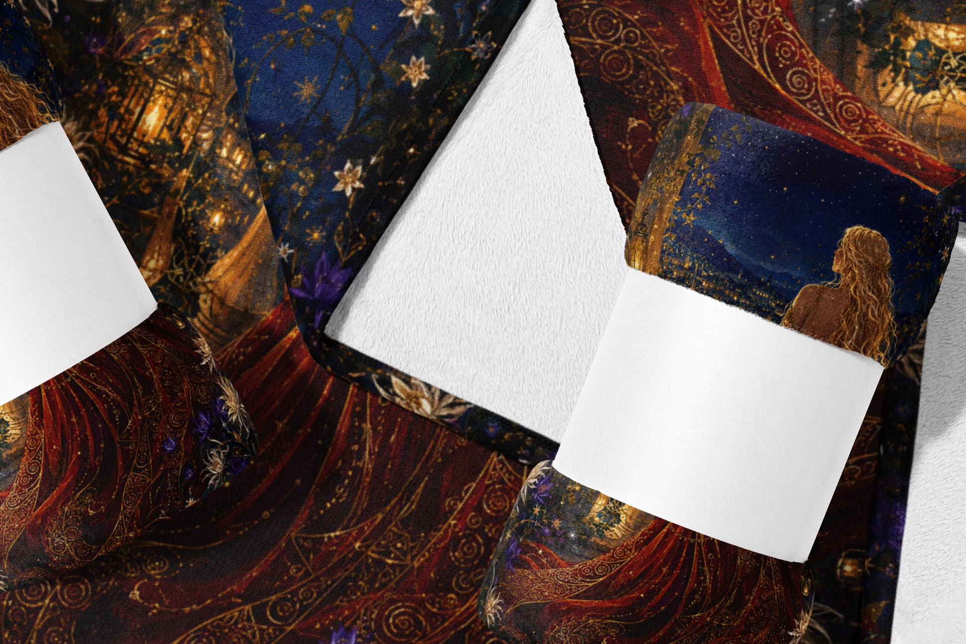 Ornate tapestry with woman looking at a starry night sky and golden city.