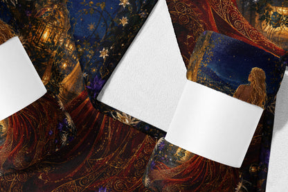Ornate tapestry with woman looking at a starry night sky and golden city.