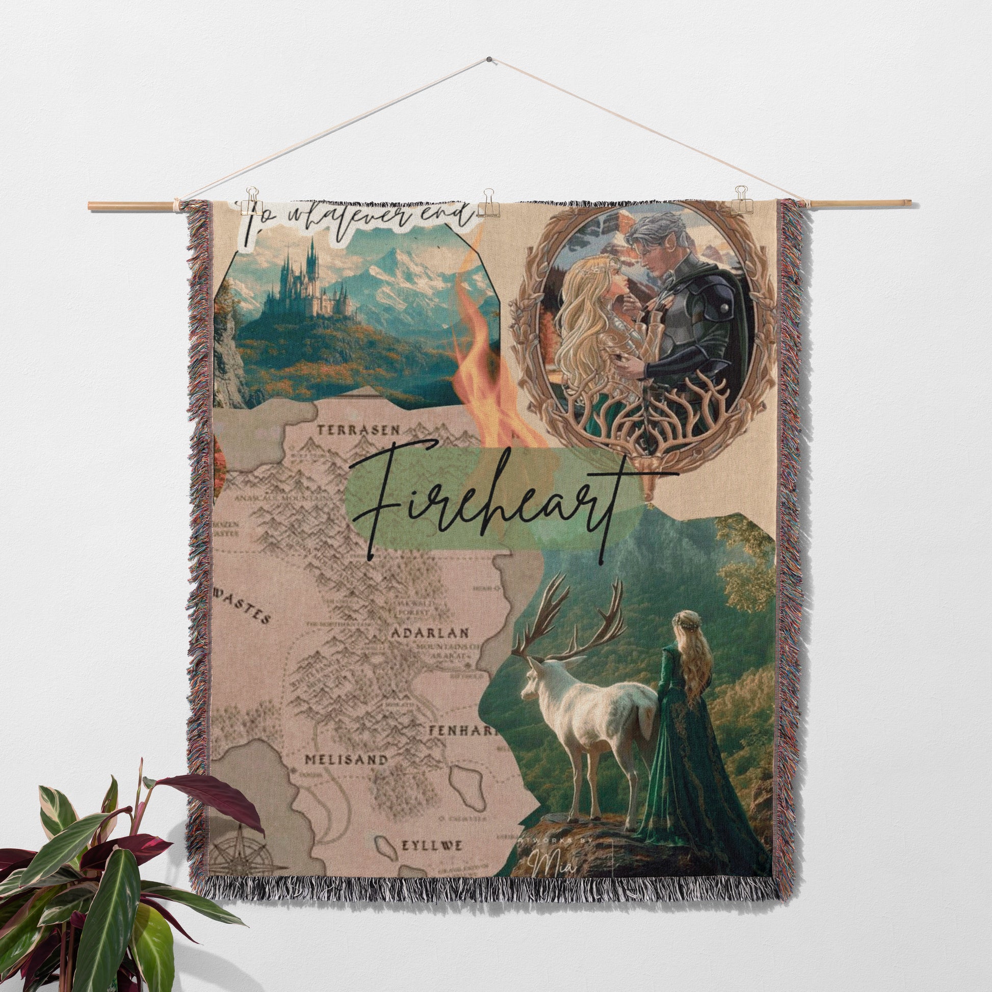 The image is a tapestry featuring various scenes and elements, including a map, a castle, a couple, a deer, and a woman in a green dress.