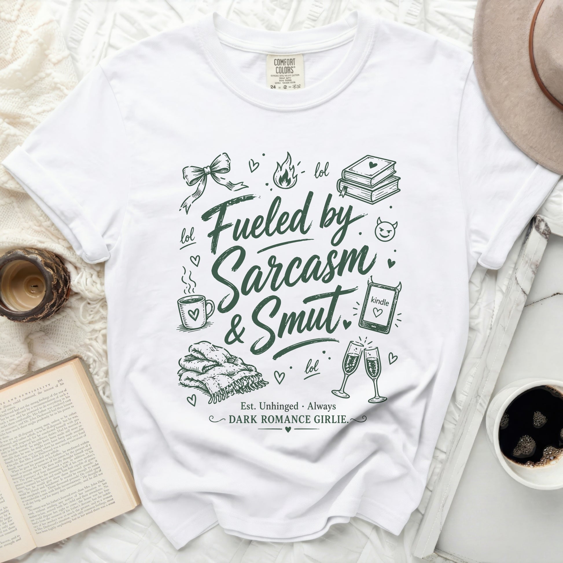 White t-shirt with "Fueled by Sarcasm & Smut" and "Dark Romance Girlie" text.