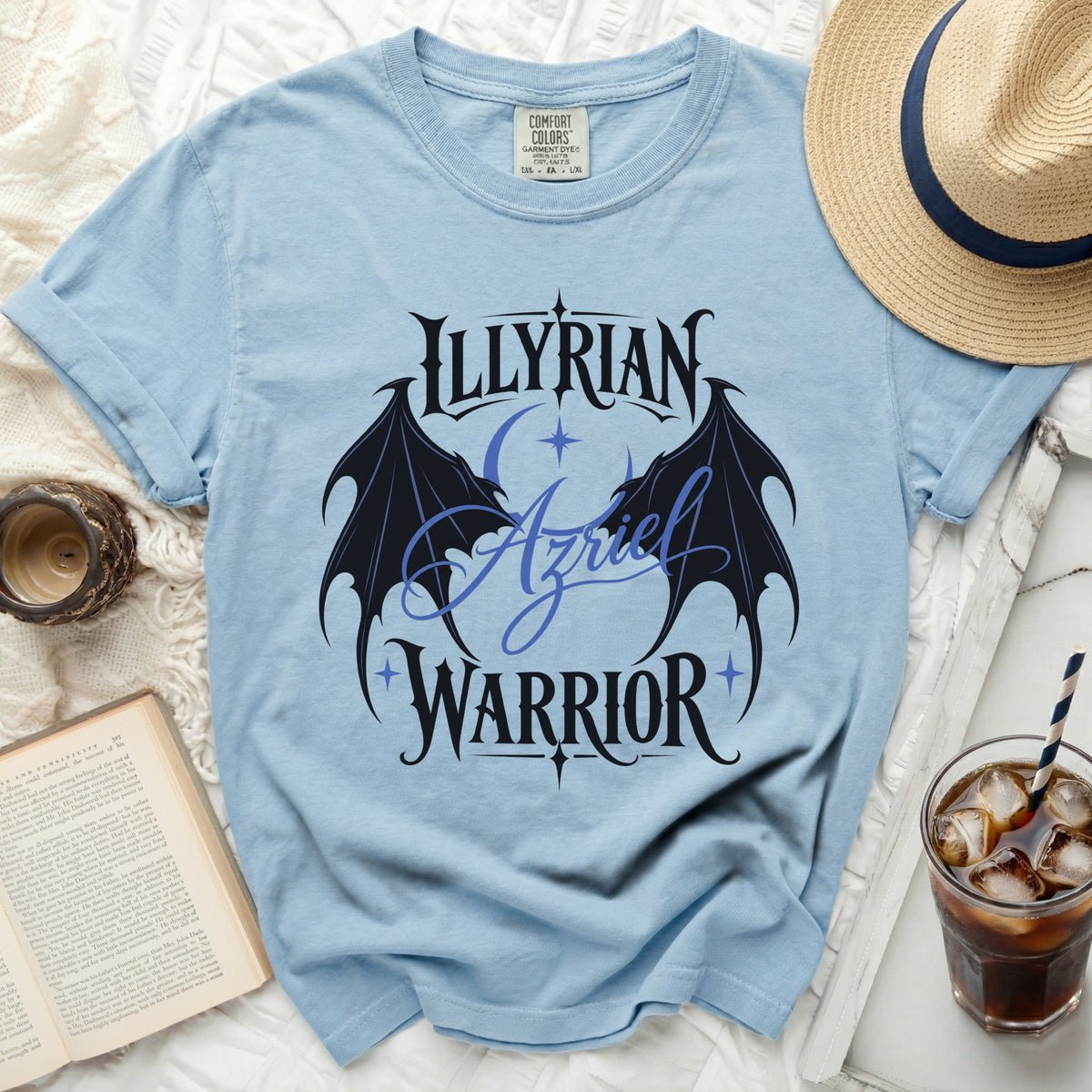 Light blue t-shirt with black and blue "Illyrian Azriel Warrior" graphic and dragon wings.