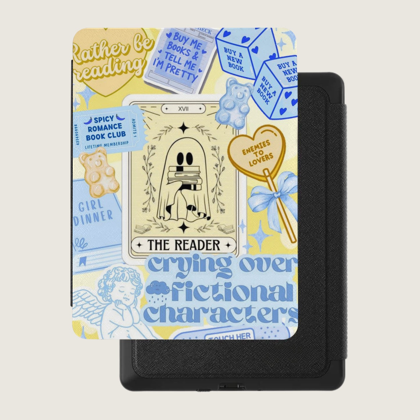 Book-themed e-reader cover with ghost, books, gummy bears, and text.