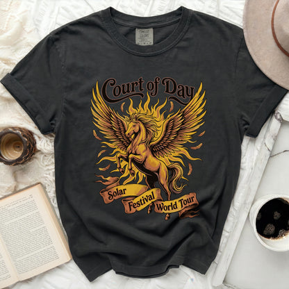 Black t-shirt with gold pegasus graphic and "Court of Day Solar Festival World Tour" text.