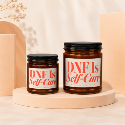 Two amber jars with black lids labeled "DNF Is Self-Care".