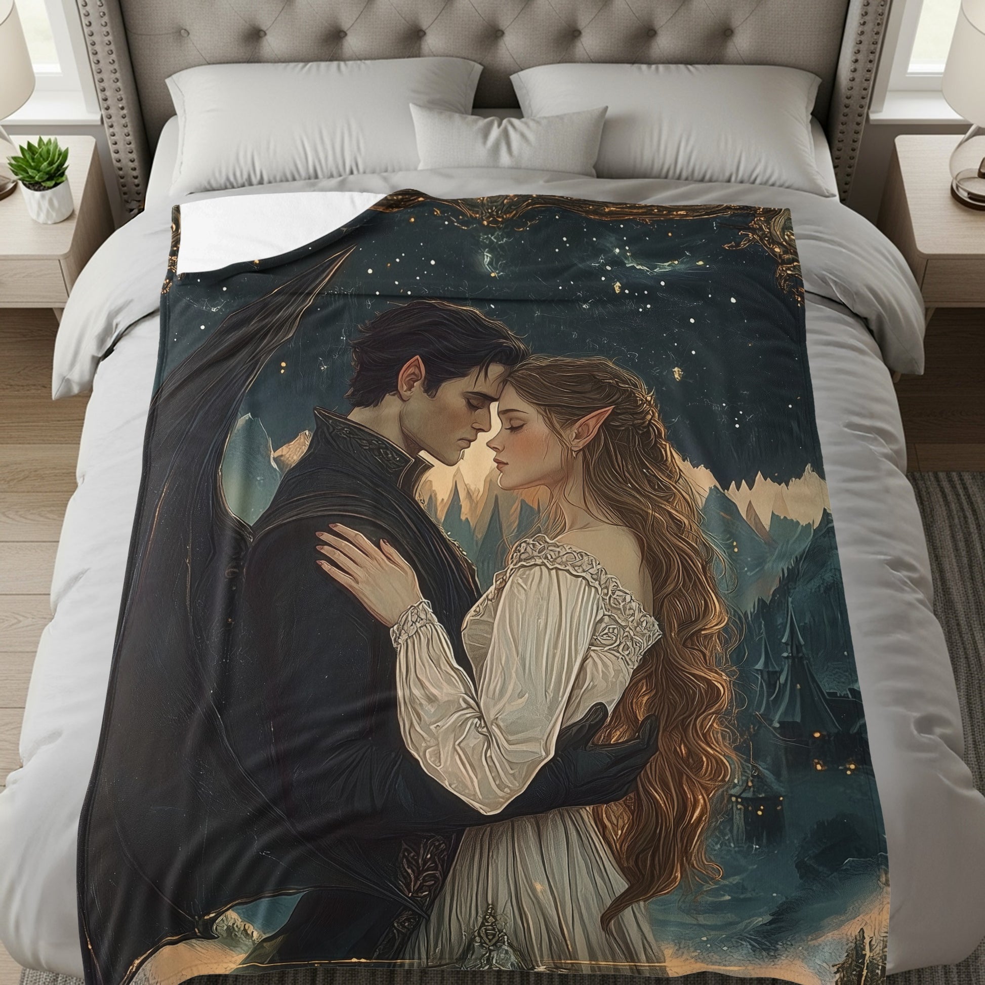 Fantasy Couple Embrace in Mystical Setting Blanket