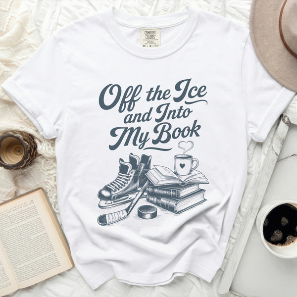 Off the Ice & Into My Book Hockey Reader Tee in White