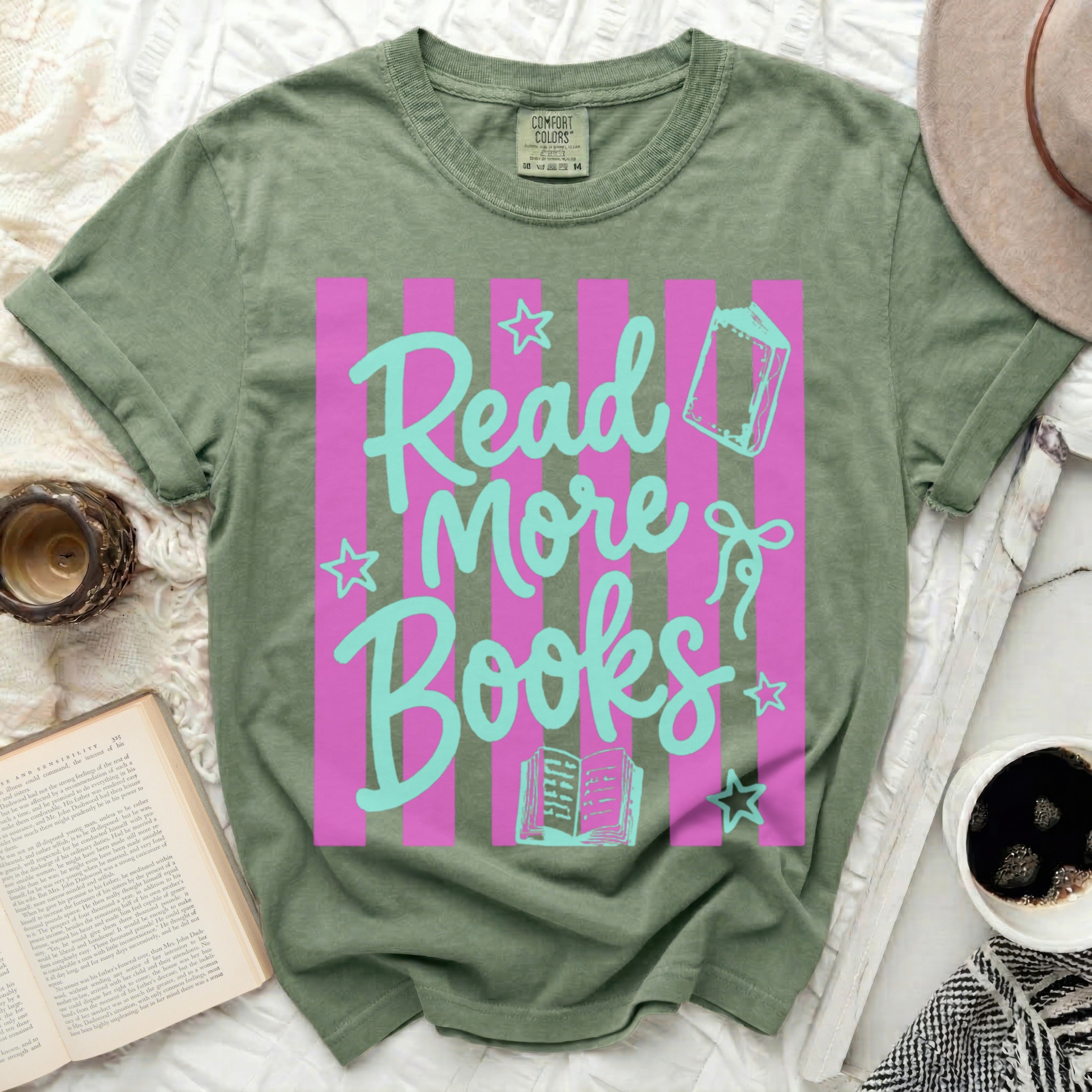 Green t-shirt with pink stripes and 