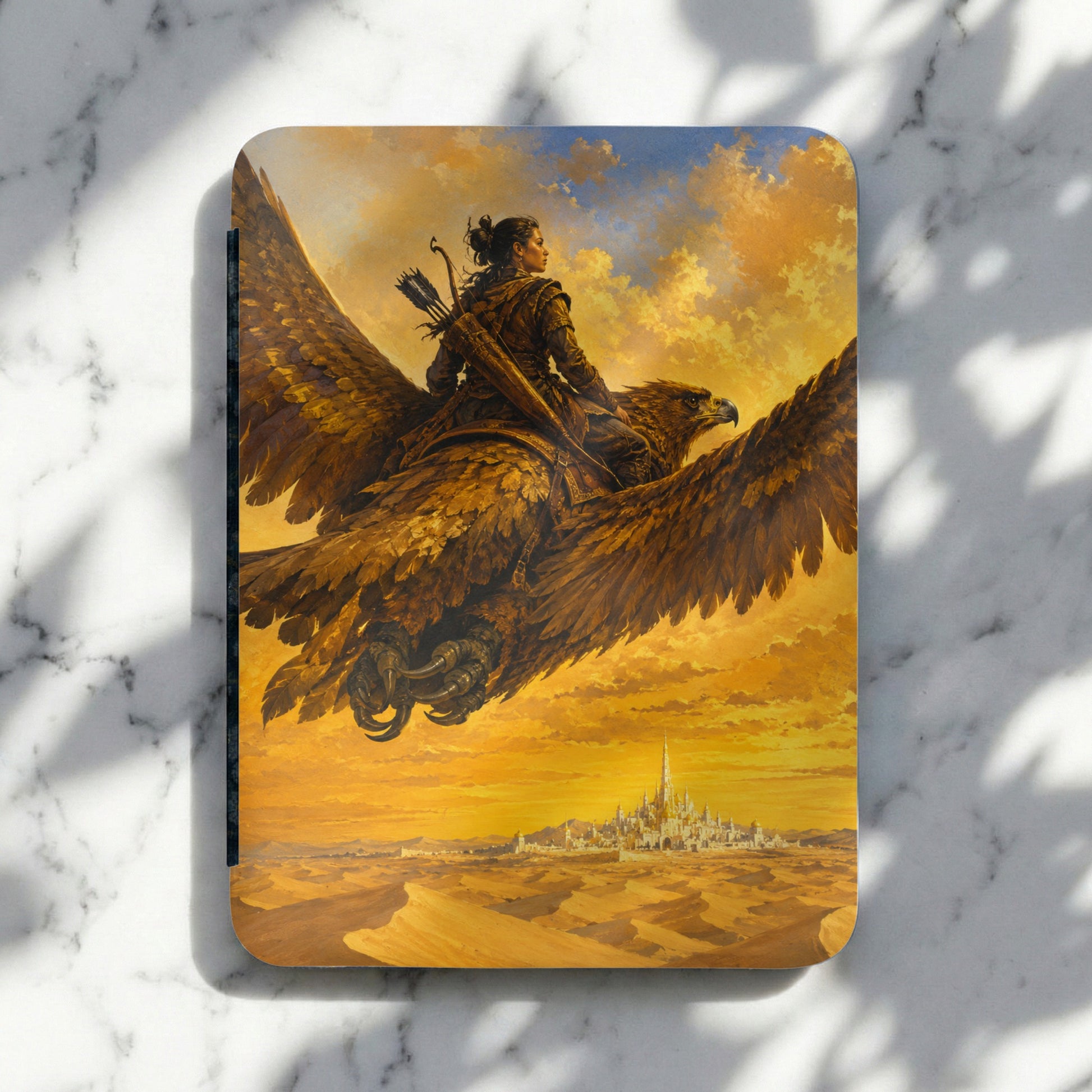 Woman archer riding an eagle over desert landscape towards a city.