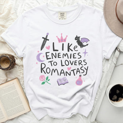 White t-shirt with "Like Enemies To Lovers Romantasy" doodle graphic.