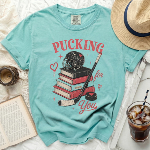Pucking For You Hockey Romance Tee in Island Reef