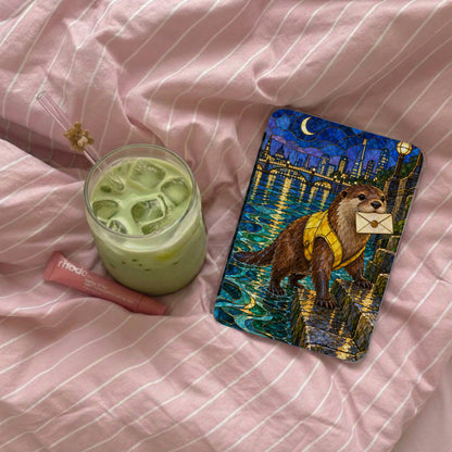 Otter carrying a letter on a phone case with a city skyline under a crescent moon.