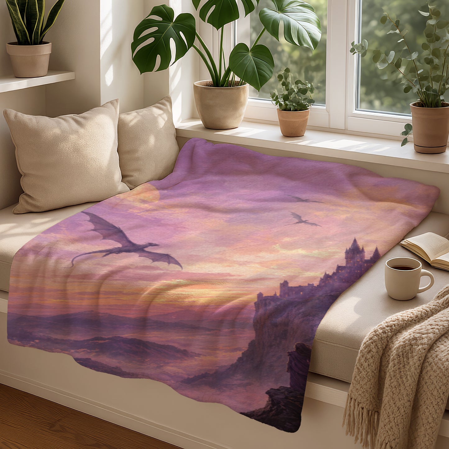 Purple blanket with dragons flying over castle ruins at sunset.