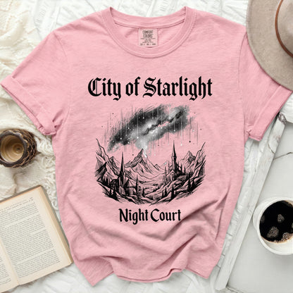 Pink Comfort Colors t-shirt with "City of Starlight Night Court" graphic.