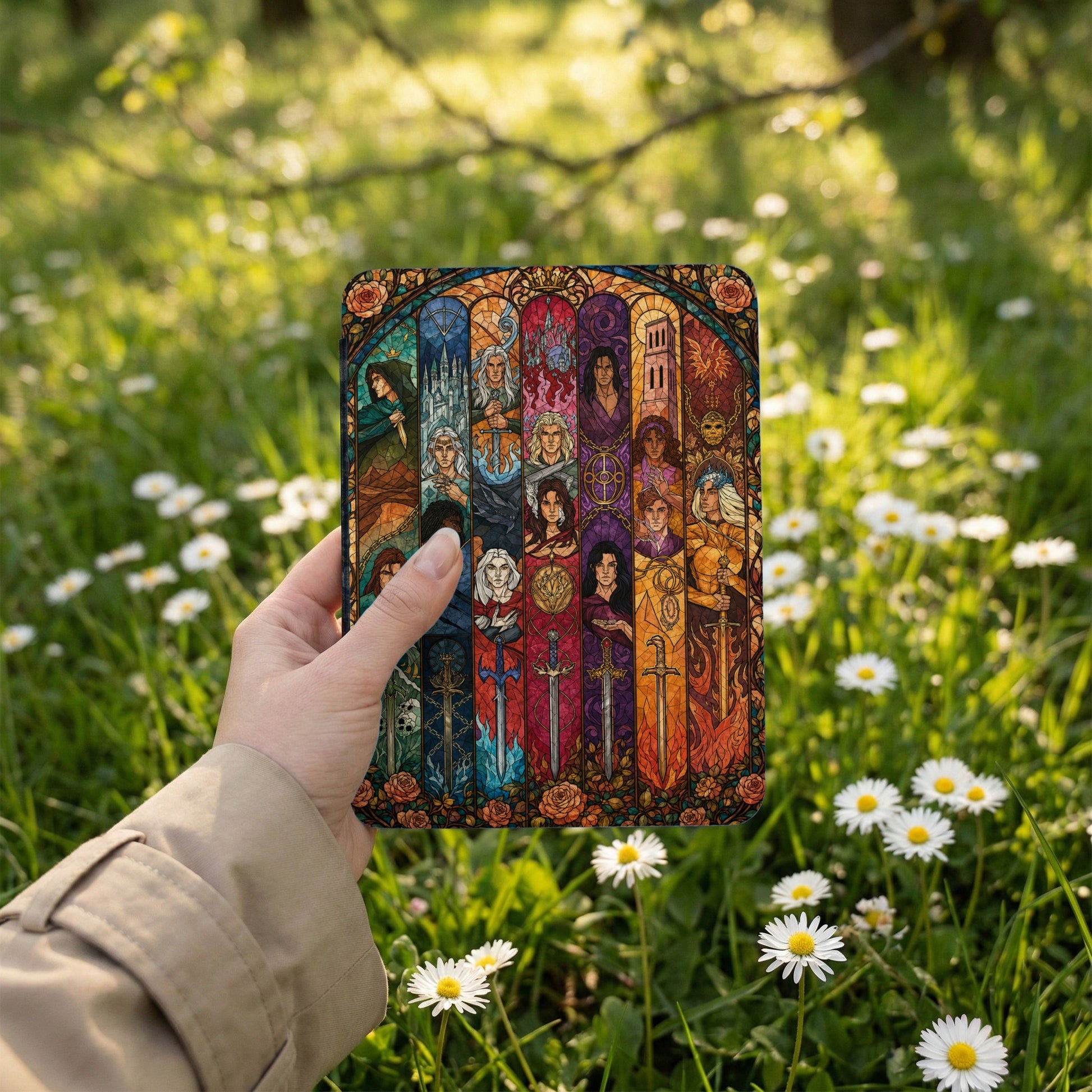 A hand holds a stained-glass style panel depicting fantasy characters and swords.