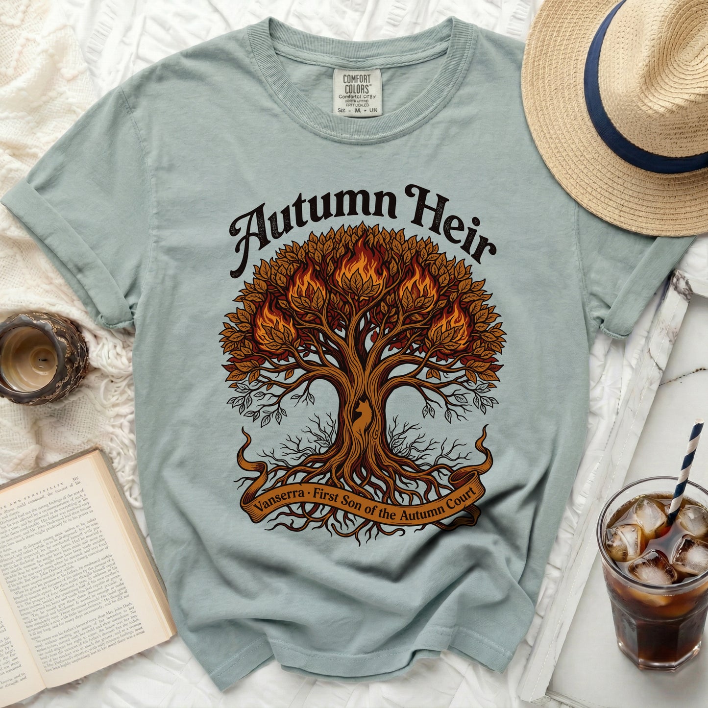 T-shirt with a tree graphic, "Autumn Heir," and "Vanserra First Son of the Autumn Court."