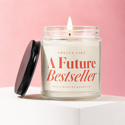 Candle with label reading "Smells Like A Future Bestseller"