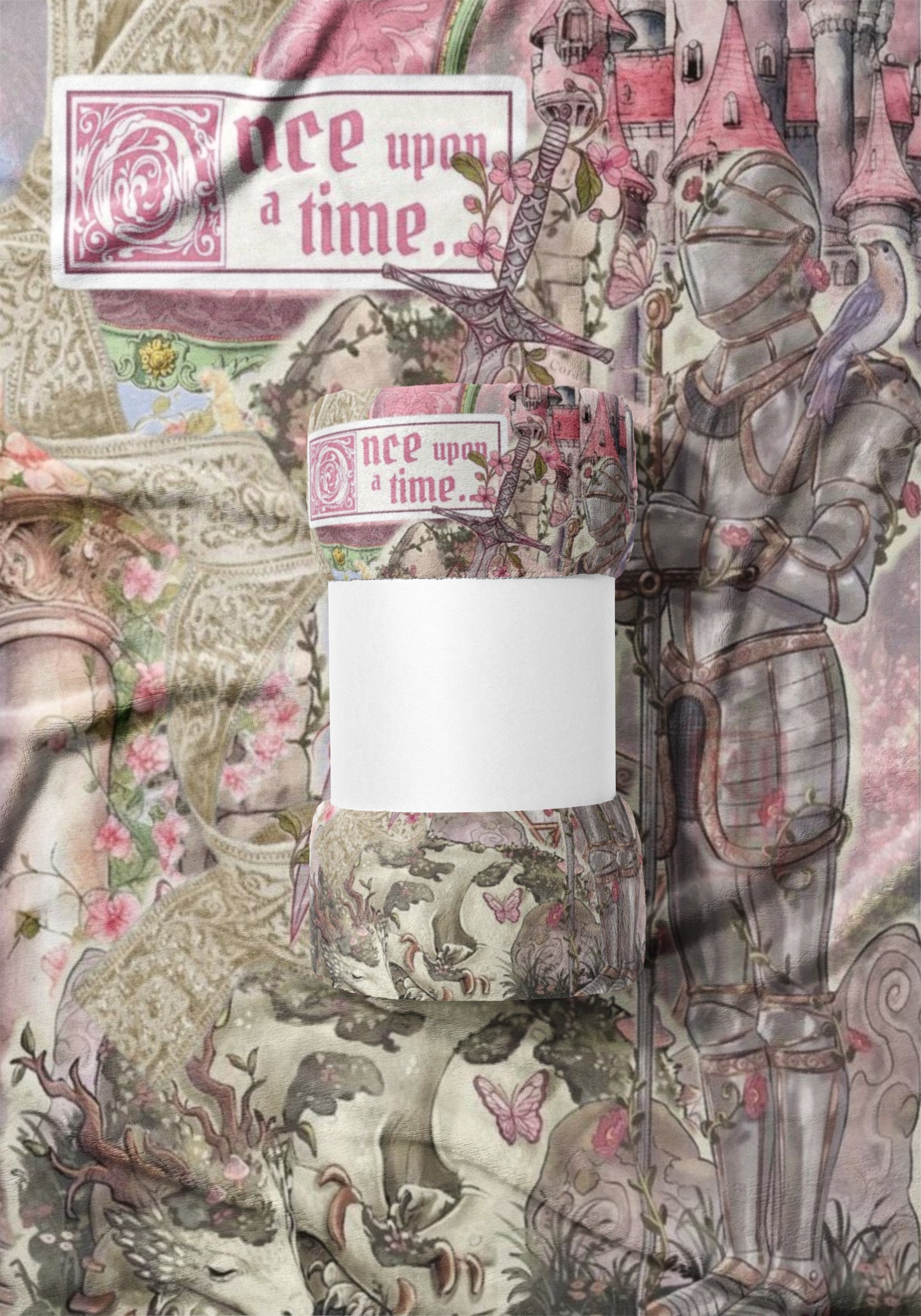 Medieval knight in armor with a pink castle, sword, and bird; text reads "once upon a time."