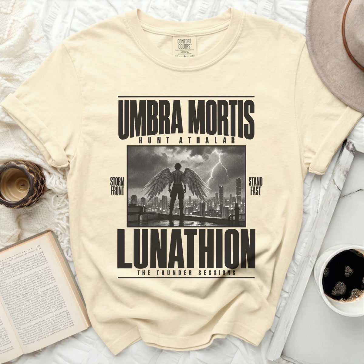 Cream Comfort Colors t-shirt with "Umbra Mortis Hunt Athalar Lunathion The Thunder Sessions" text.