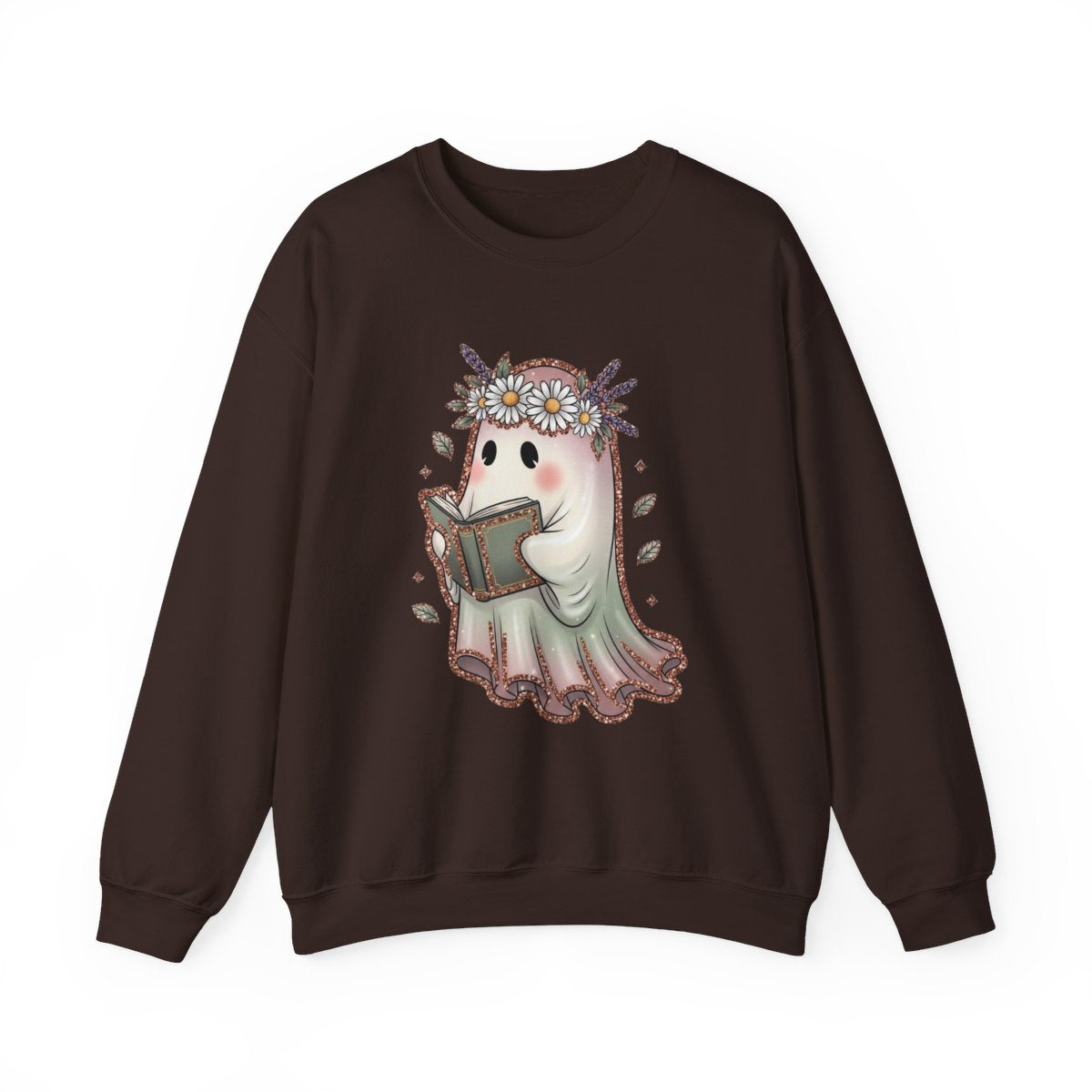 Cute Ghost Reading a Book with Flower Crown Graphic Sweatshirt - MagicMerchEmporium