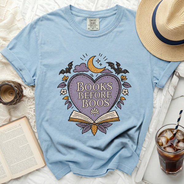 Books Before Boos Emblem Tee in Chambray