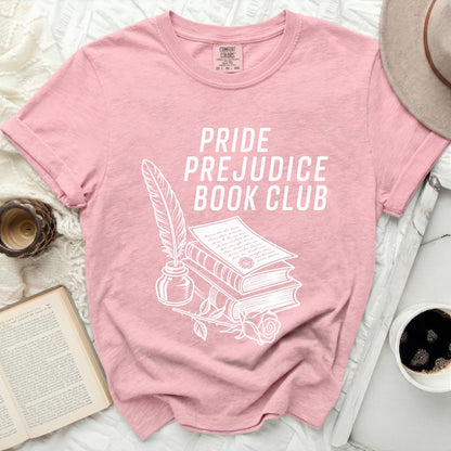 Pink t-shirt with "Pride Prejudice Book Club" and book illustration.