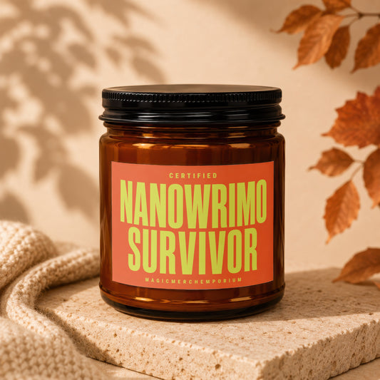 Amber jar candle with "Certified Nanowrimo Survivor" text on an orange label.