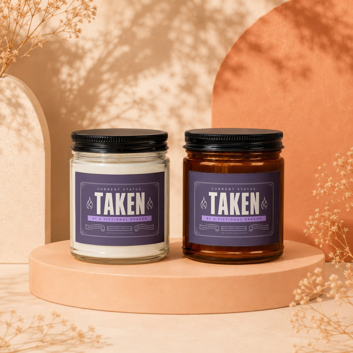 Two candles with purple labels reading "Taken by a Fictional Dragon" displayed on pedestals.