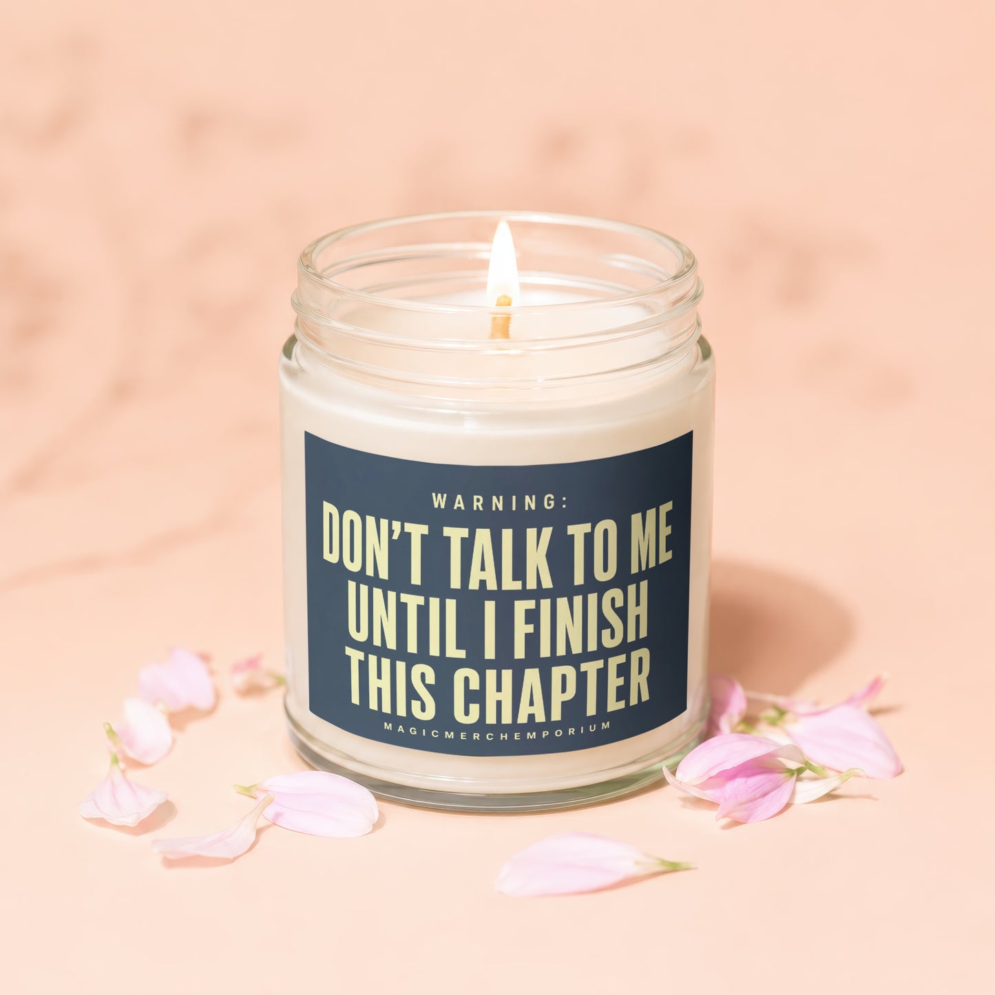 Glass jar candle with lit wick, reads "Don't talk to me until I finish this chapter".