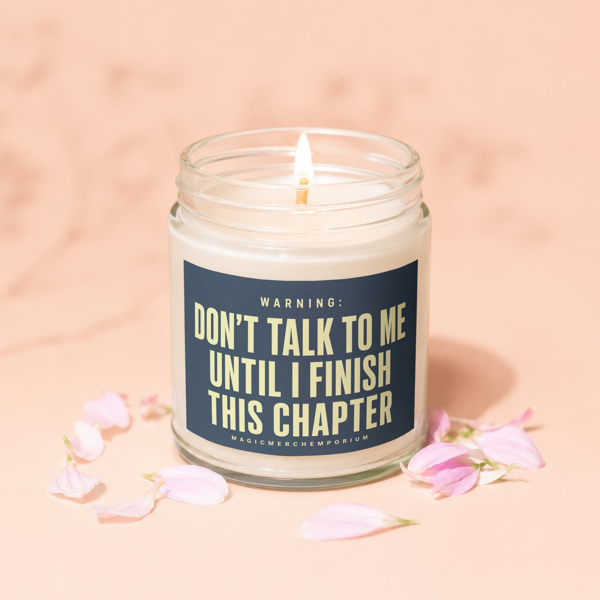 Glass jar candle with lit wick, reads "Don't talk to me until I finish this chapter".