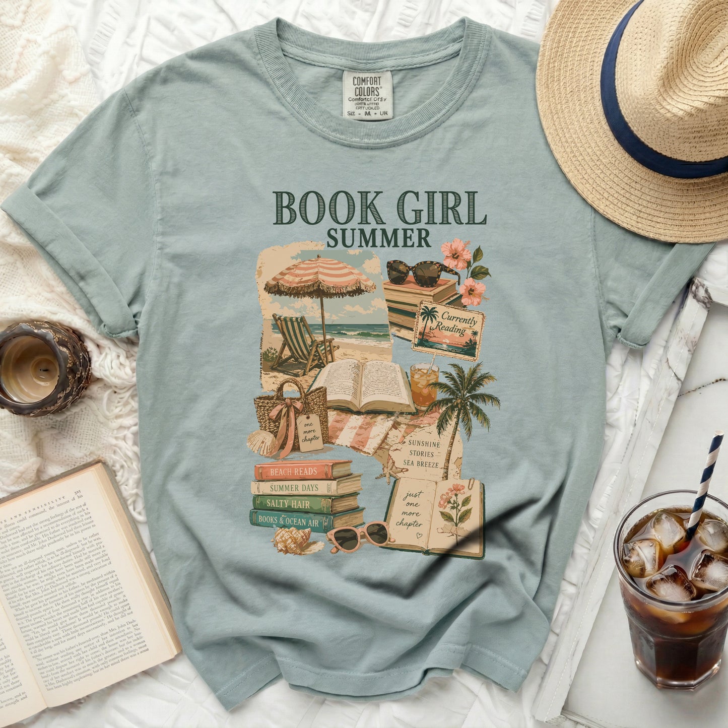T-shirt with "Book Girl" text and beach reading imagery.