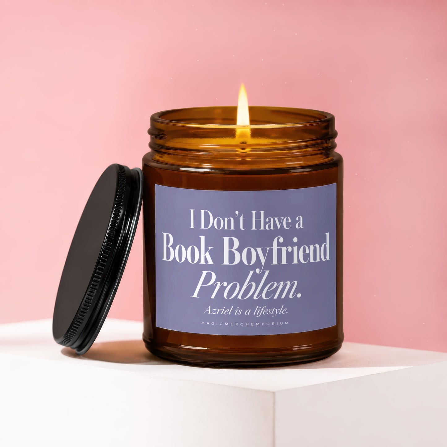 Candle with lit flame and "I Don't Have a Book Boyfriend Problem" text.