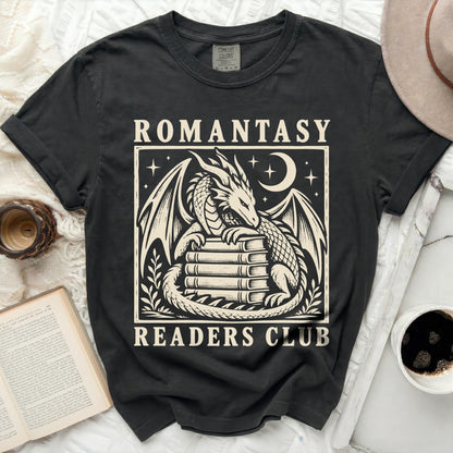 Black t-shirt with a cream dragon on books and "Romantasy Readers Club" text.