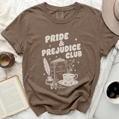 Brown t-shirt with Pride & Prejudice Club graphic design.