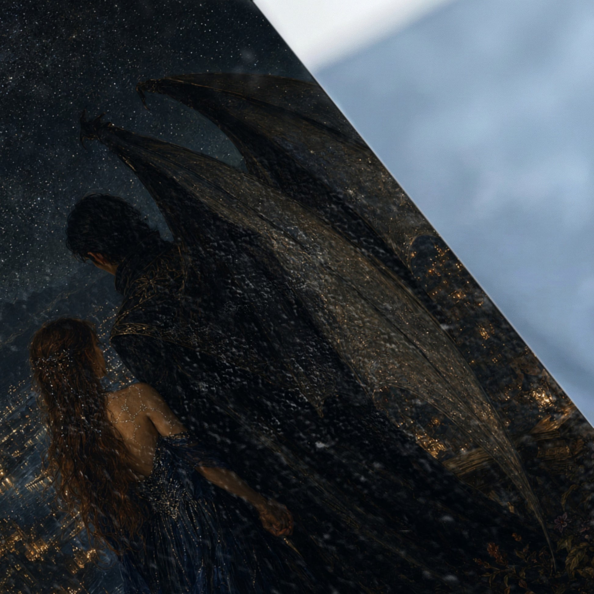 Winged figure with ornate outfit embraces woman under a starry sky and city lights.