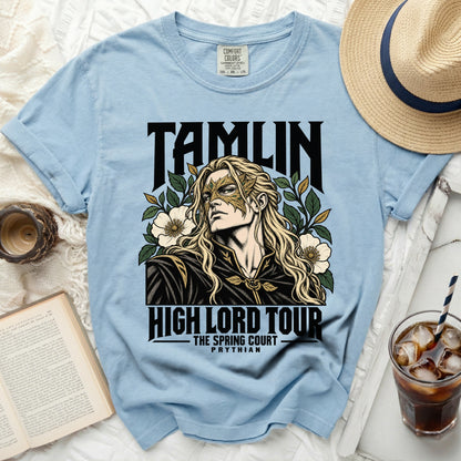 Blue Comfort Colors t-shirt with "Tamlin High Lord Tour The Spring Court Prythian" graphic.